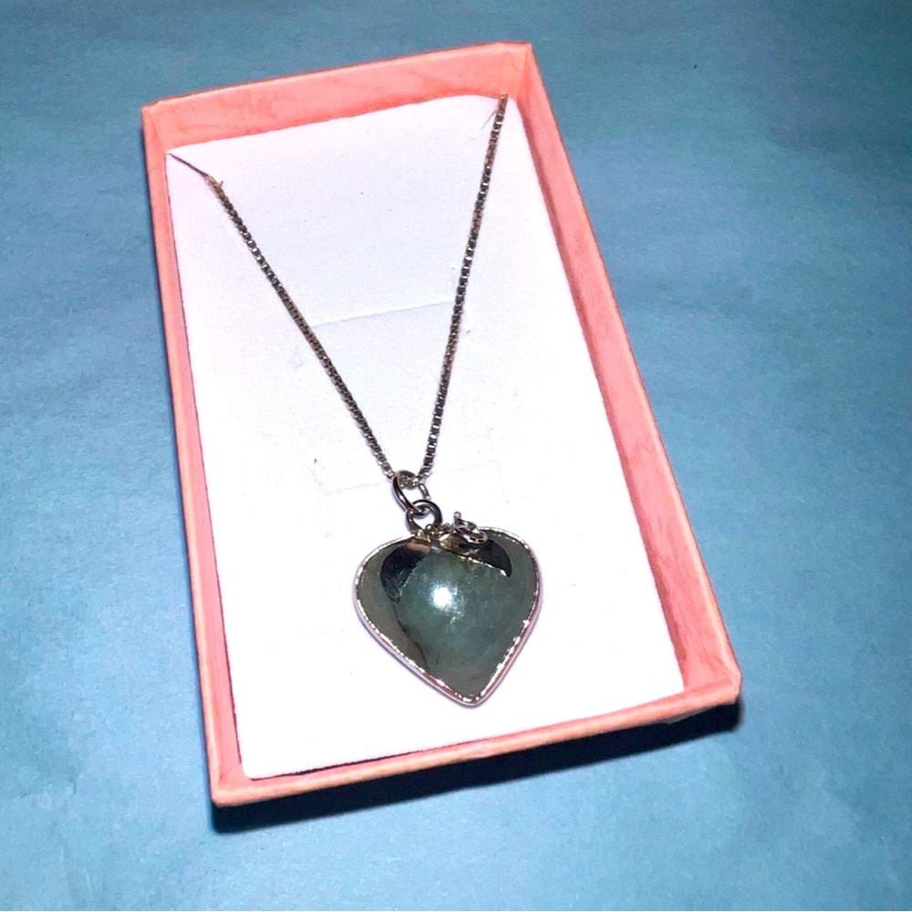 Sterling Silver Chain and heart pendant , Jade colored Stone marked 925
